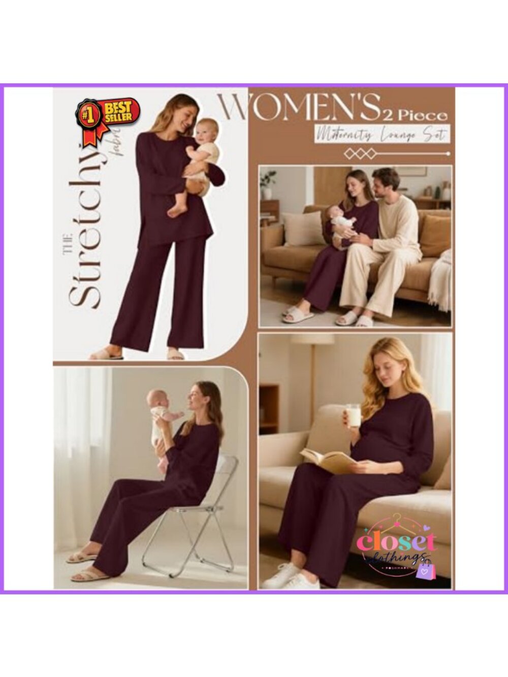 Maternity Lounge Set 2 Piece Long Sleeve Top Wide Leg Pants - Picture 3 of 6